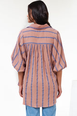 Samsara Shirt - Collared Oversized Button Down with Balloon Sleeves in Blush Stripe
