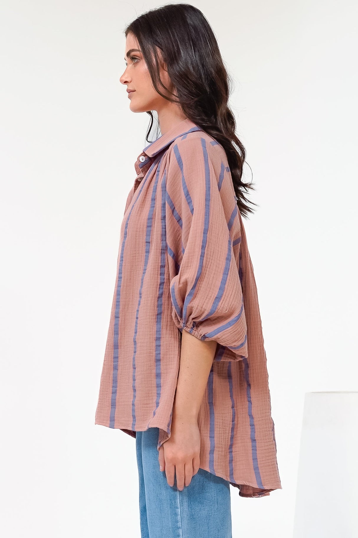 Samsara Shirt - Collared Oversized Button Down with Balloon Sleeves in Blush Stripe