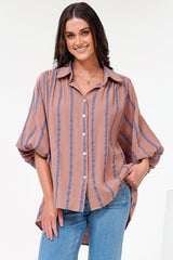 Samsara Shirt - Collared Oversized Button Down with Balloon Sleeves in Blush Stripe