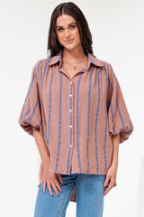 Samsara Shirt - Collared Oversized Button Down with Balloon Sleeves in Blush Stripe