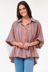 Samsara Shirt - Collared Oversized Button Down with Balloon Sleeves in Blush Stripe