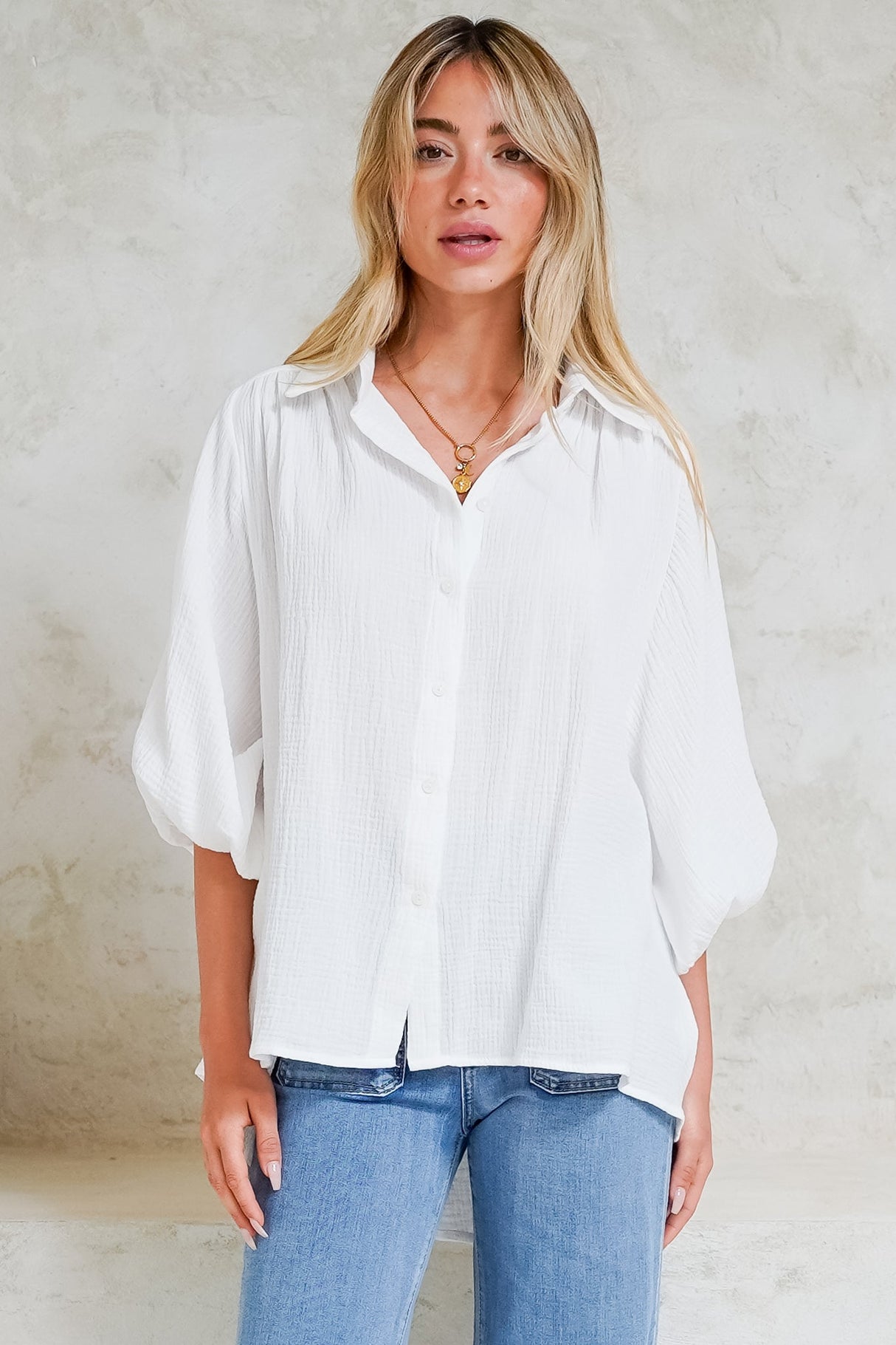 Samsara Shirt - Collared Oversized Button Down with Balloon Sleeves in White