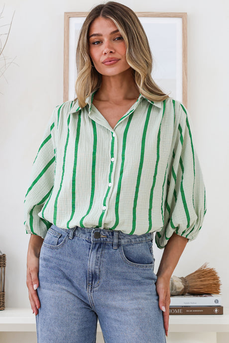 Samsara Shirt - Collared Oversized Button Down with Balloon Sleeves in Green Stripe