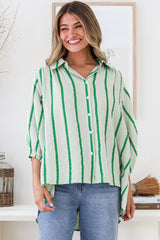 Samsara Shirt - Collared Oversized Button Down with Balloon Sleeves in Green Stripe
