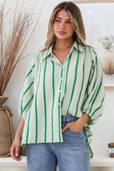 Samsara Shirt - Collared Oversized Button Down with Balloon Sleeves in Green Stripe