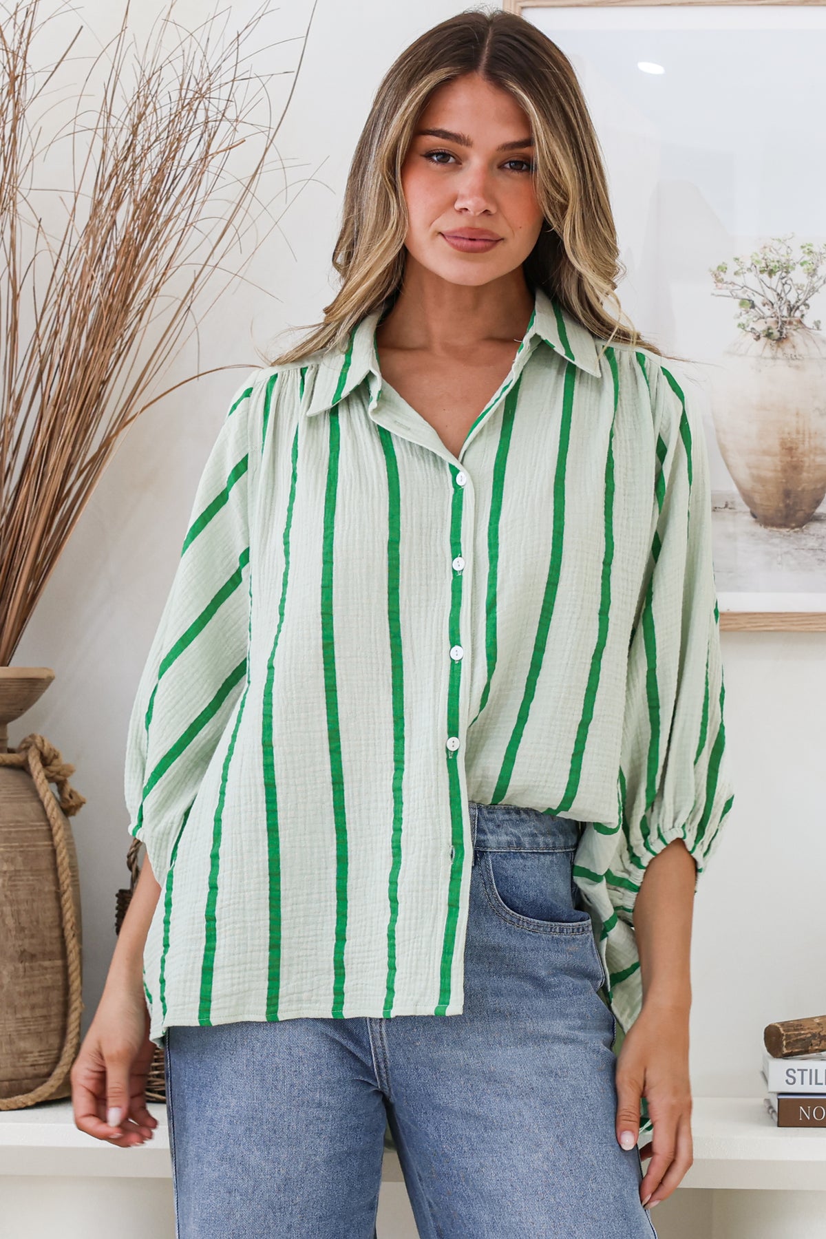 Samsara Green Stripe Oversized Balloon Sleeve Shirt