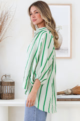 Samsara Shirt - Collared Oversized Button Down with Balloon Sleeves in Green Stripe