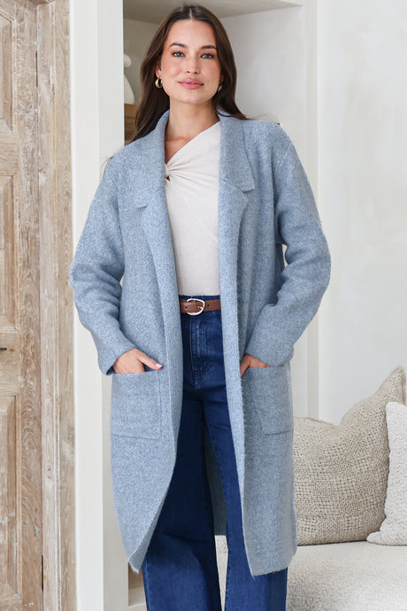 Samson Cardigan - Folded Lapel Collar Coatigan with Pockets in Blue