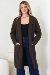 Samson Cardigan - Folded Lapel Collar Coatigan with Pockets in Chocolate
