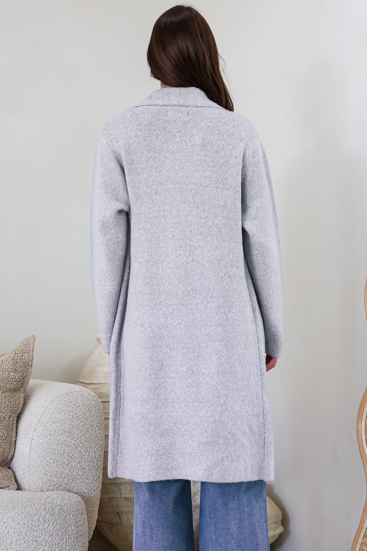 Samson Cardigan - Folded Lapel Collar Coatigan with Pockets in Grey