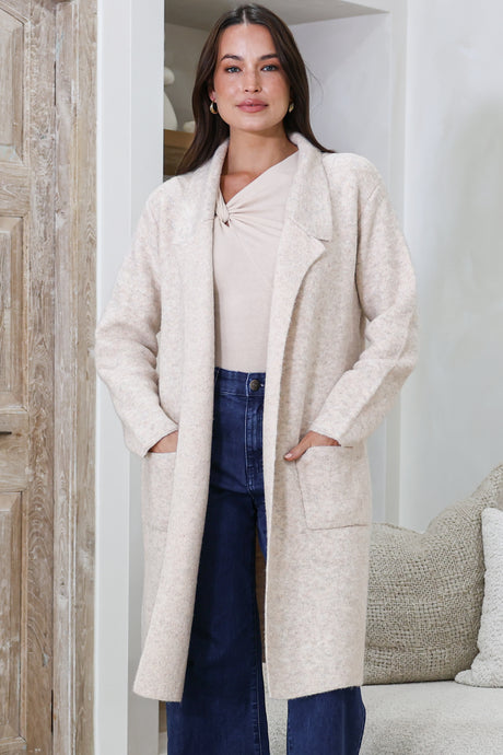 Model wearing Samson Cardigan in Oatmeal from Salty Crush