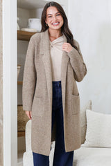 Model wearing Samson Cardigan in Taupe from Salty Crush