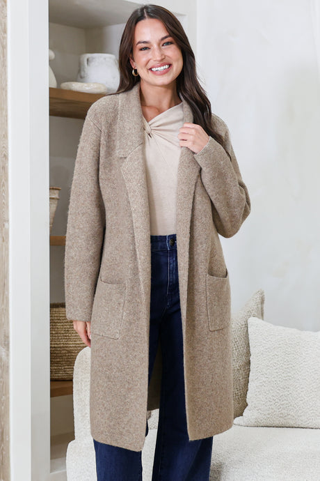 Model wearing Samson Cardigan in Taupe from Salty Crush