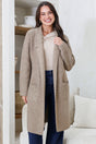 Model wearing Samson Cardigan in Taupe from Salty Crush