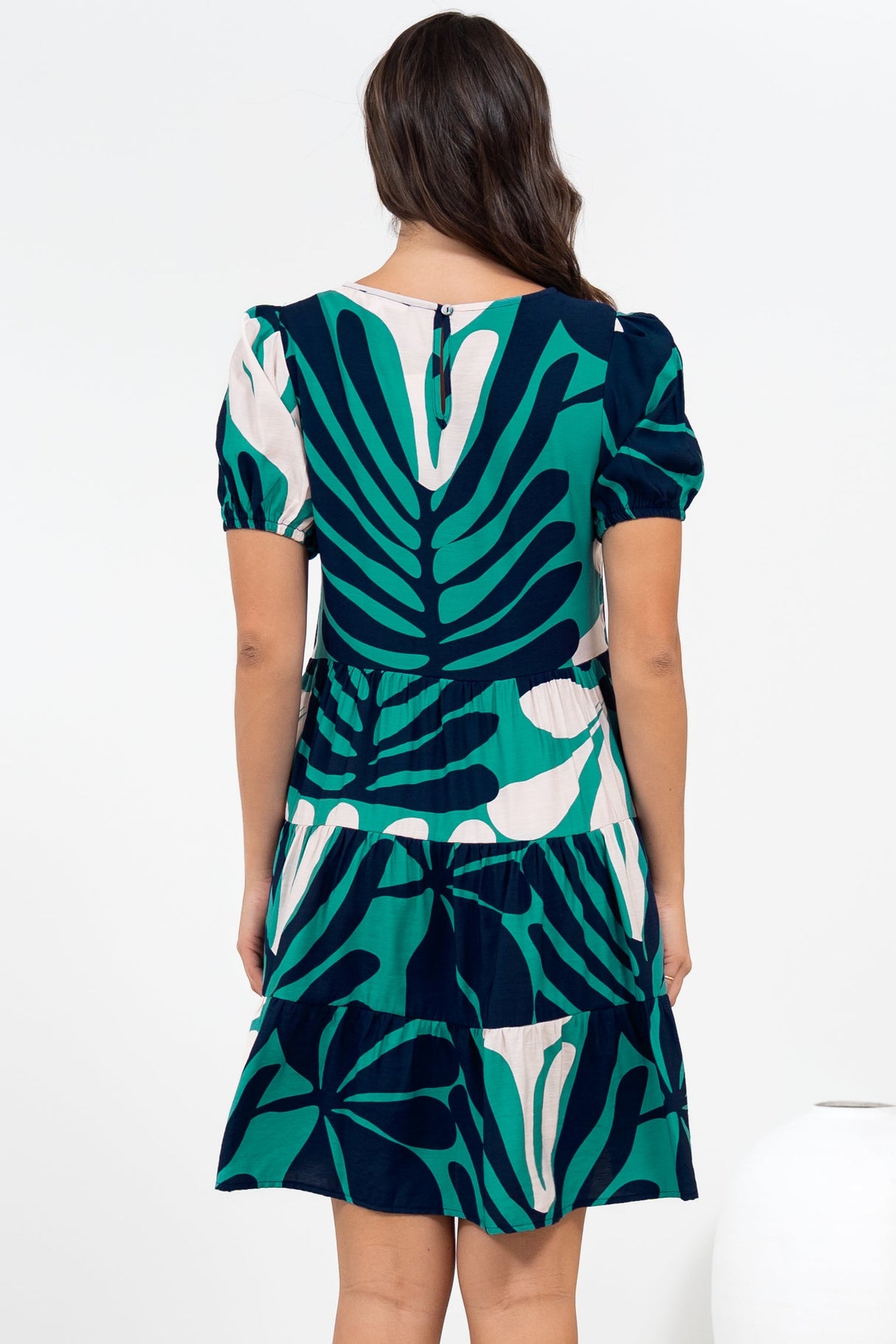 Samson Mini Dress - Crew Neck Tiered Dress with Short Sleeves in Mystic Print
