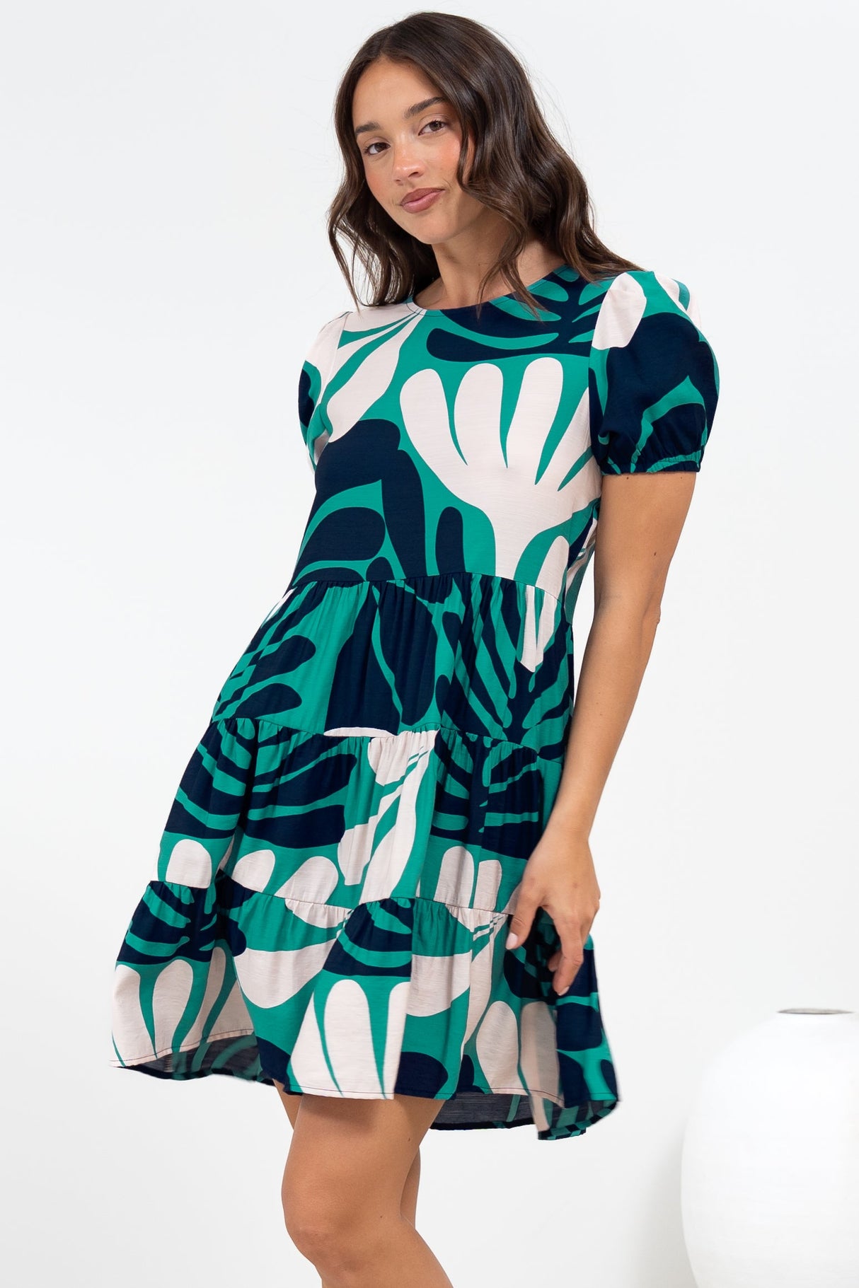 Samson Mini Dress - Crew Neck Tiered Dress with Short Sleeves in Mystic Print