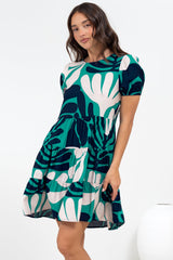 Samson Mini Dress - Crew Neck Tiered Dress with Short Sleeves in Mystic Print