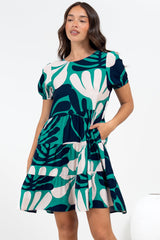 Samson Mini Dress - Crew Neck Tiered Dress with Short Sleeves in Mystic Print