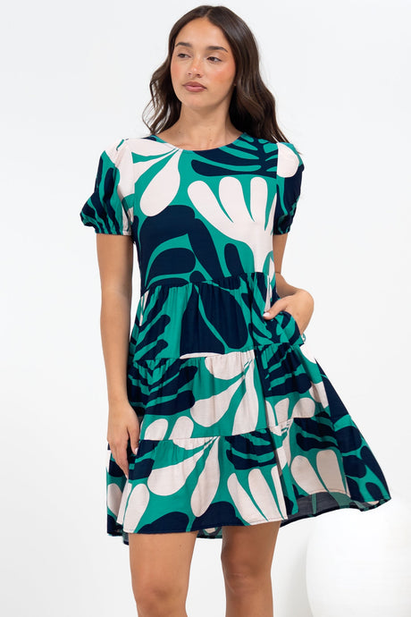Samson Mini Dress - Crew Neck Tiered Dress with Short Sleeves in Mystic Print