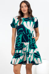 Samson Mini Dress - Crew Neck Tiered Dress with Short Sleeves in Mystic Print