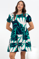 Samson Mini Dress - Crew Neck Tiered Dress with Short Sleeves in Mystic Print