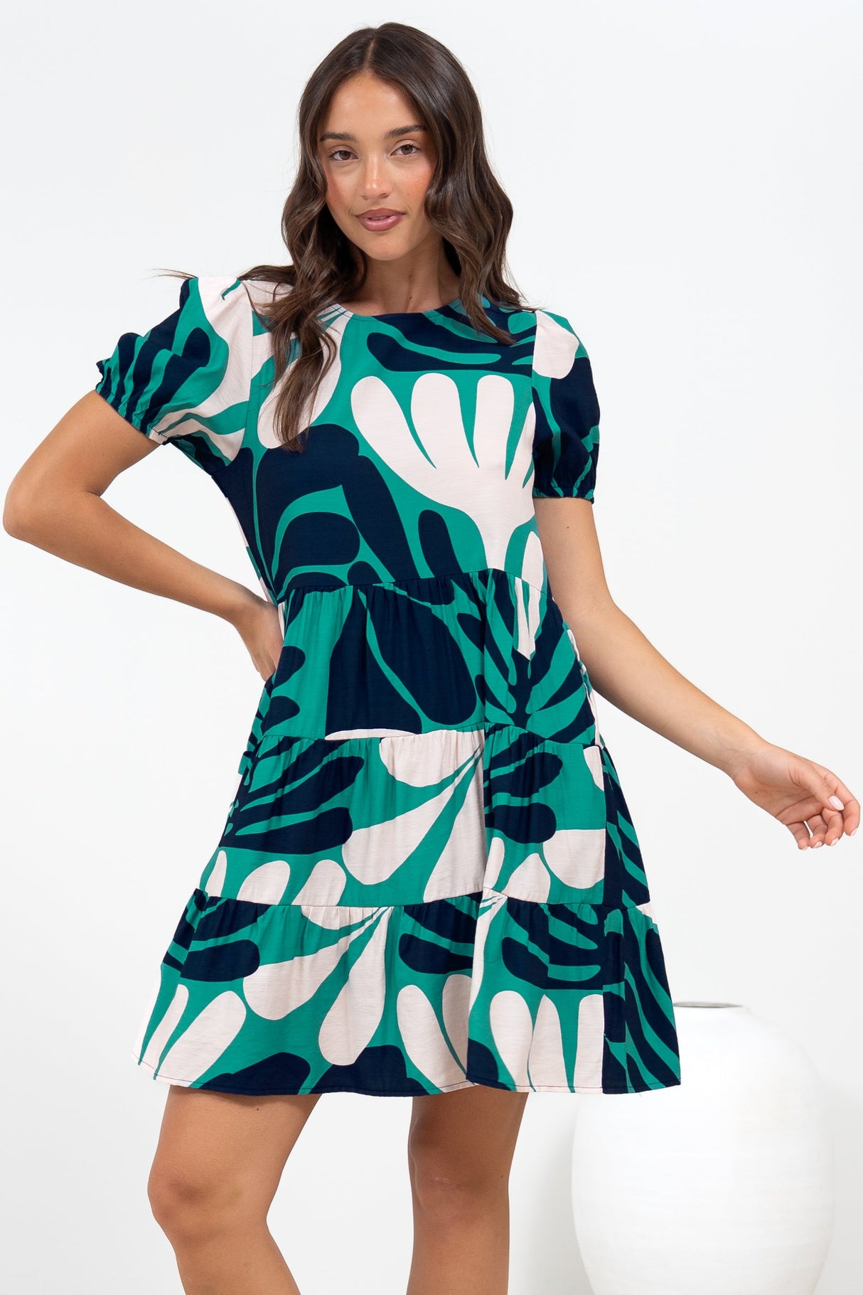 Samson Mini Dress - Crew Neck Tiered Dress with Short Sleeves in Mystic Print