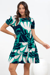 Samson Mini Dress - Crew Neck Tiered Dress with Short Sleeves in Mystic Print