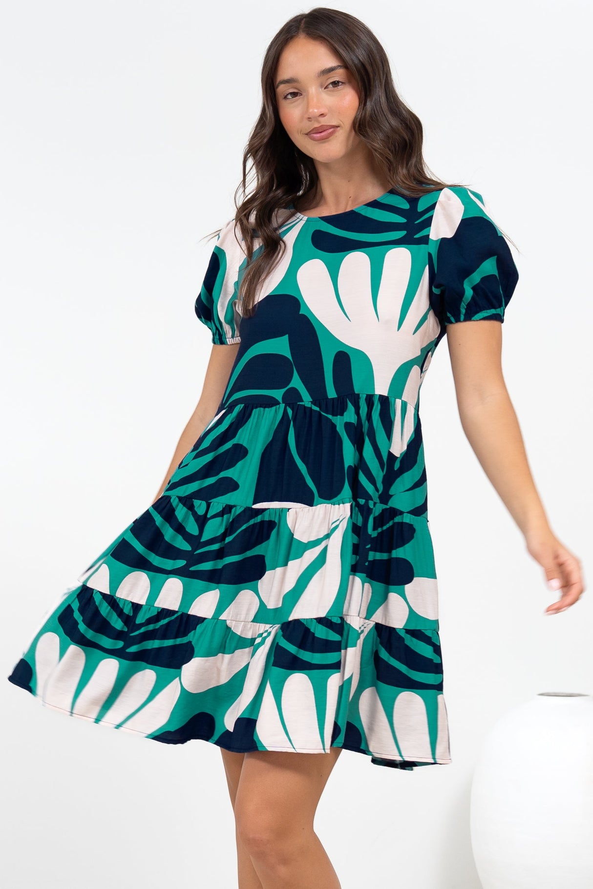 Samson Mini Dress - Crew Neck Tiered Dress with Short Sleeves in Mystic Print