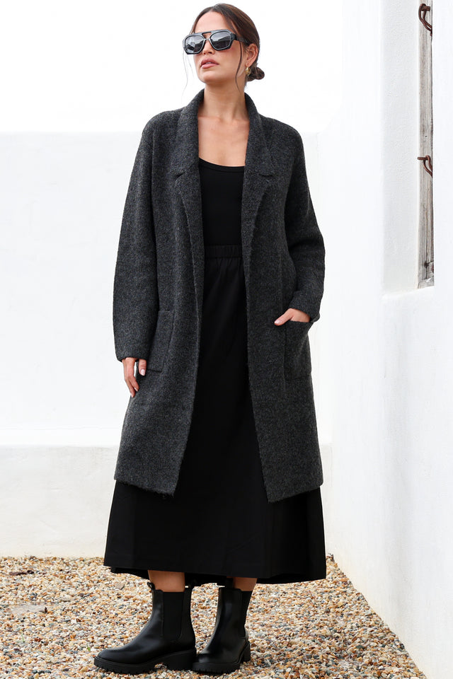 Model wearing Samson Cardigan in Charcoal from Salty Crush