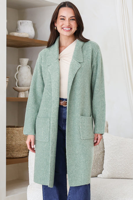 Model wearing Samson Cardigan in Sage from Salty Crush