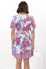 Sana Mini Dress - Bell Sleeve Button Down V Neck Dress in Ashtyn Print