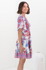 Sana Mini Dress - Bell Sleeve Button Down V Neck Dress in Ashtyn Print