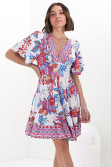 Sana Mini Dress - Bell Sleeve Button Down V Neck Dress in Ashtyn Print