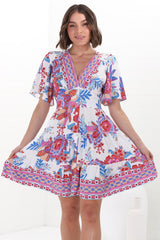 Sana Mini Dress - Bell Sleeve Button Down V Neck Dress in Ashtyn Print