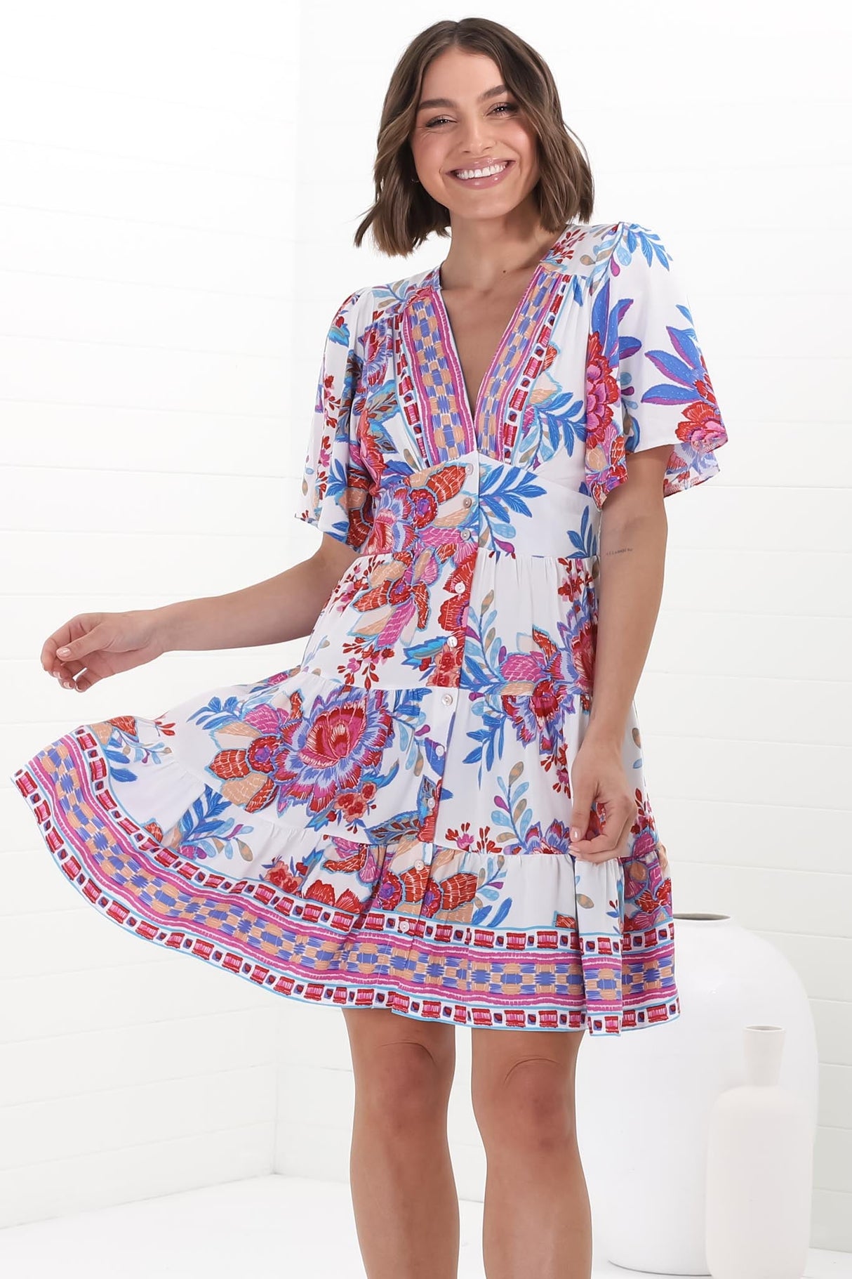 Sana Mini Dress - Bell Sleeve Button Down V Neck Dress in Ashtyn Print