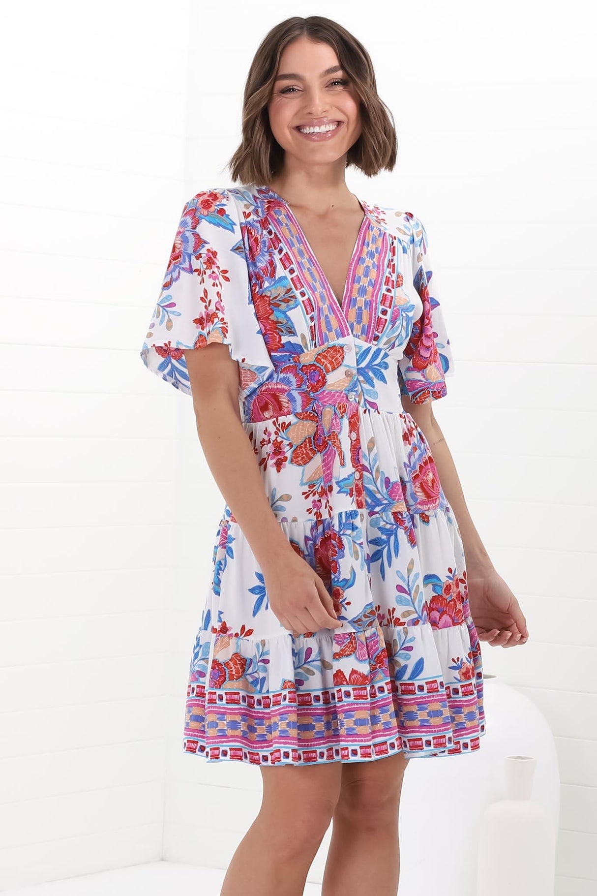 Sana Mini Dress - Bell Sleeve Button Down V Neck Dress in Ashtyn Print