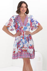 Sana Mini Dress - Bell Sleeve Button Down V Neck Dress in Ashtyn Print