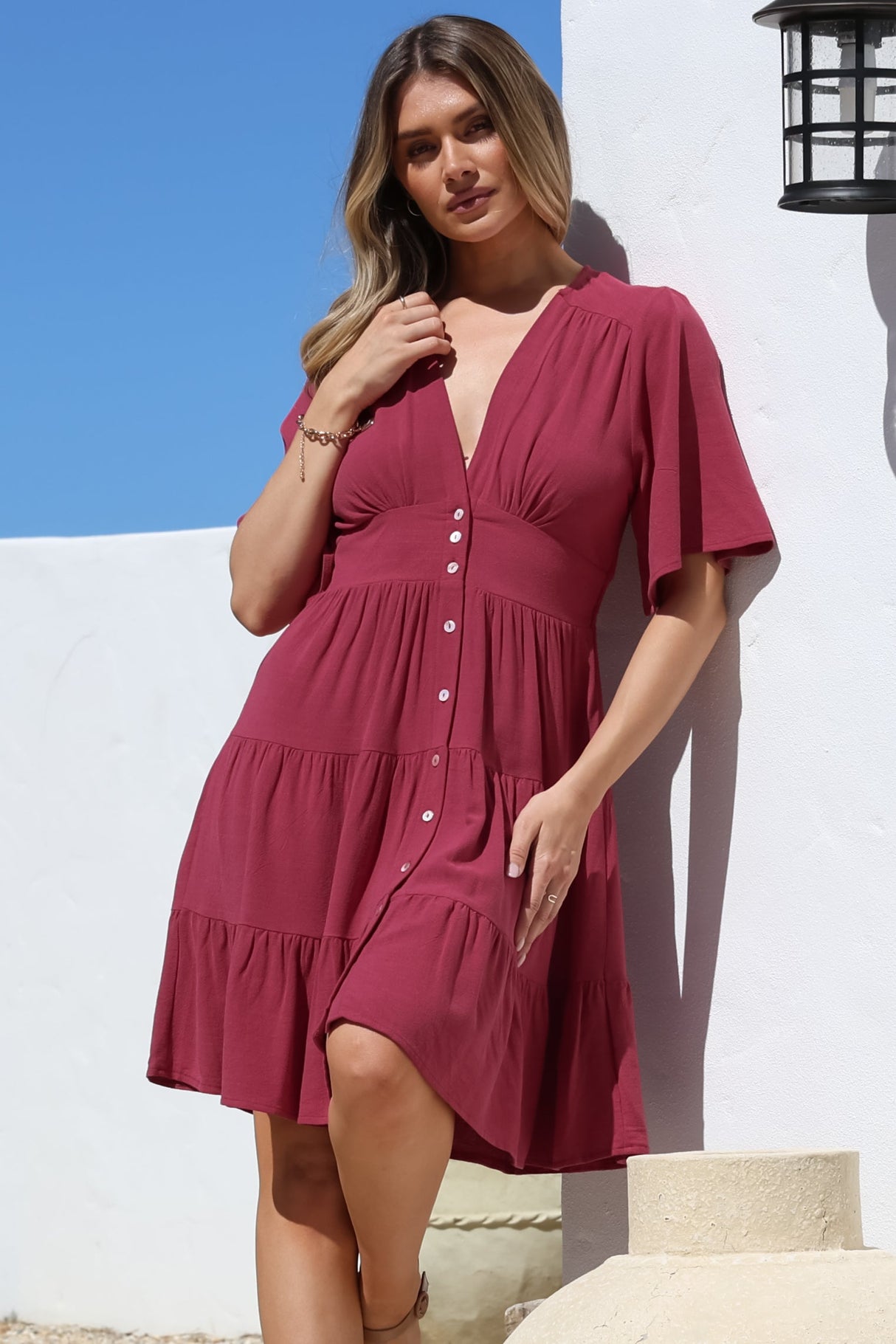 Sana Mini Dress - Bell Sleeve Button Down V Neck Dress in Berry
