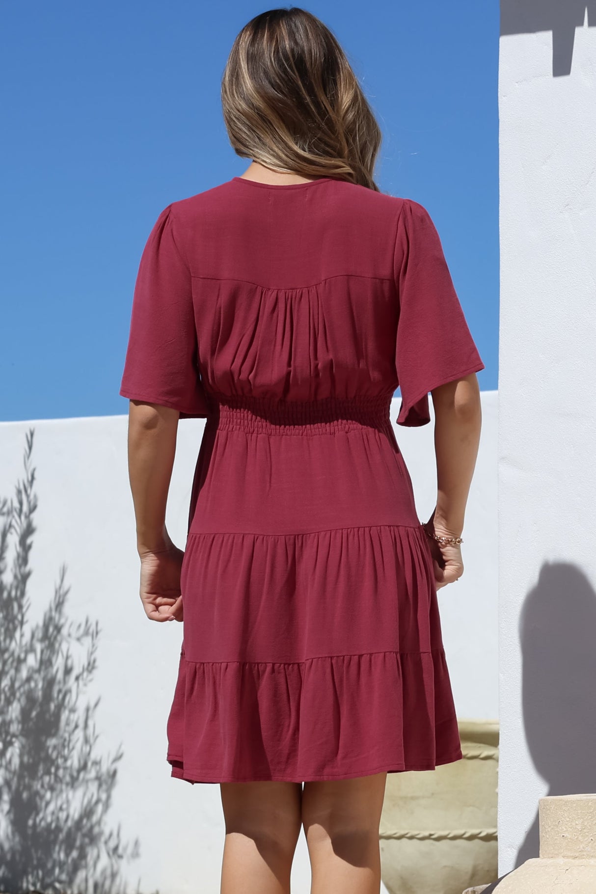 Sana Mini Dress - Bell Sleeve Button Down V Neck Dress in Berry