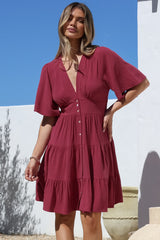 Sana Mini Dress - Bell Sleeve Button Down V Neck Dress in Berry