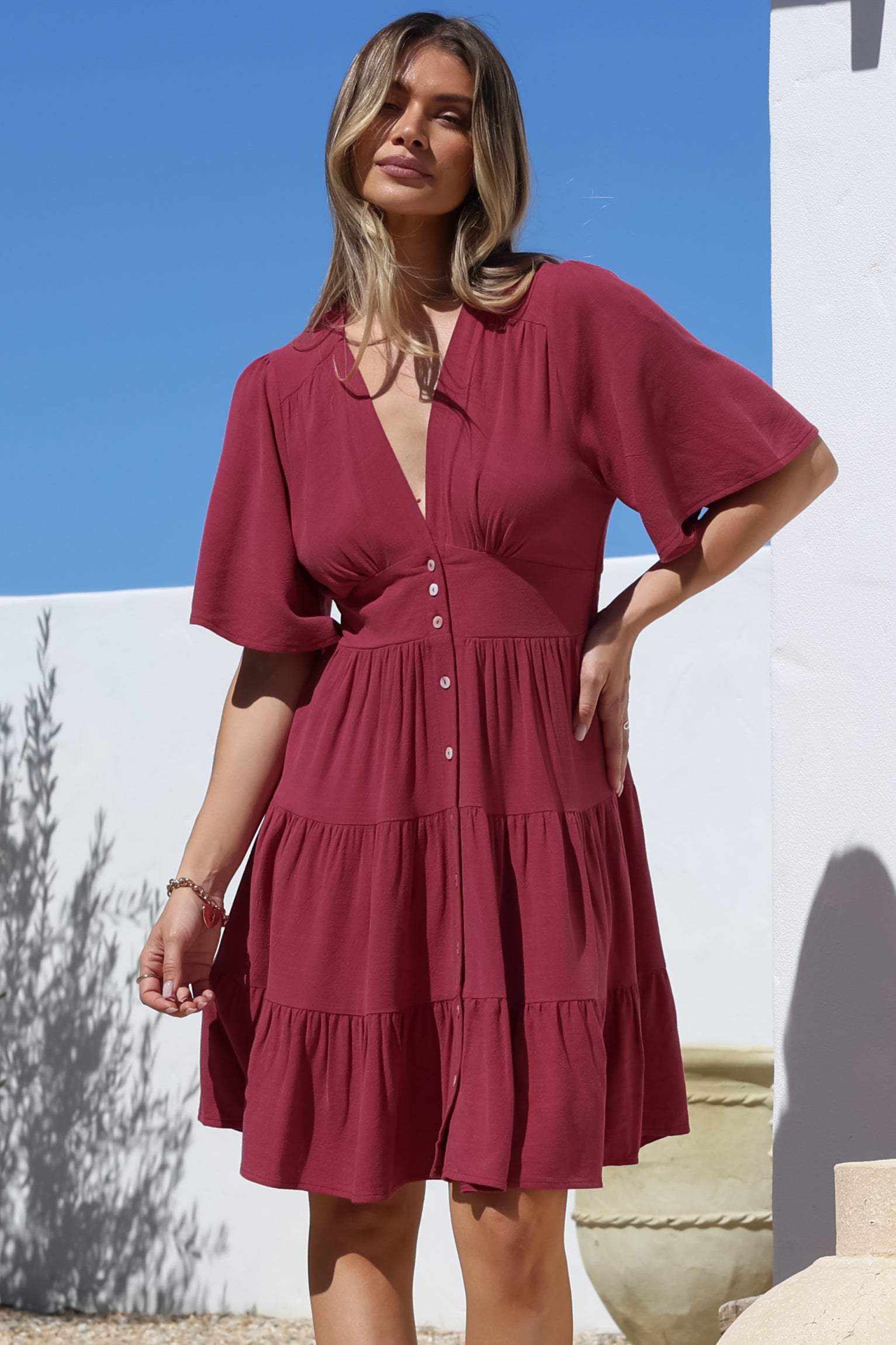 Sana Mini Dress Bell Sleeve Button Down V Neck Dress