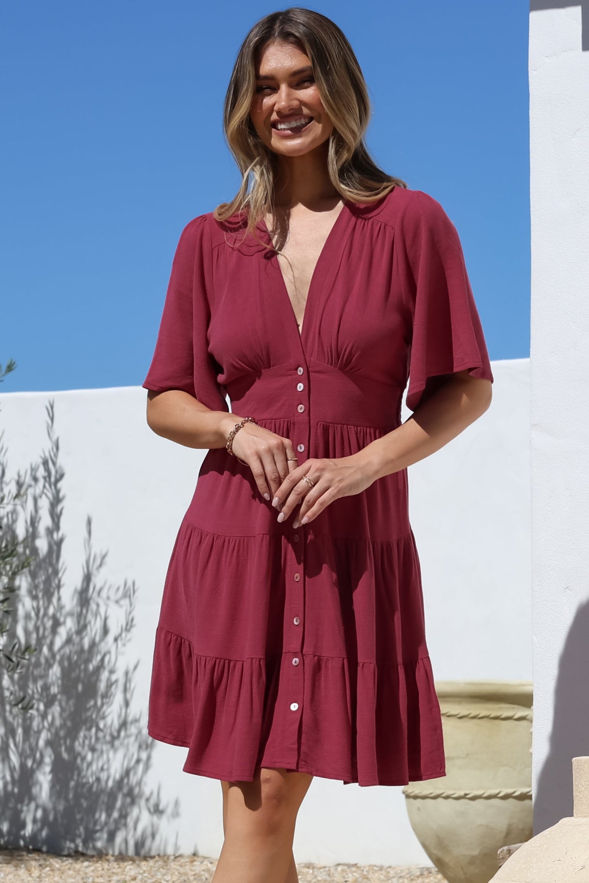 Sana Mini Dress - Bell Sleeve Button Down V Neck Dress in Berry