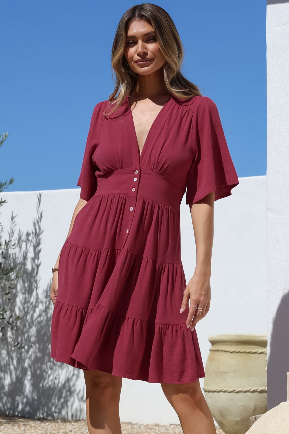 Sana Mini Dress - Bell Sleeve Button Down V Neck Dress in Berry