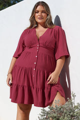 Sana Mini Dress - Bell Sleeve Button Down V Neck Dress in Berry
