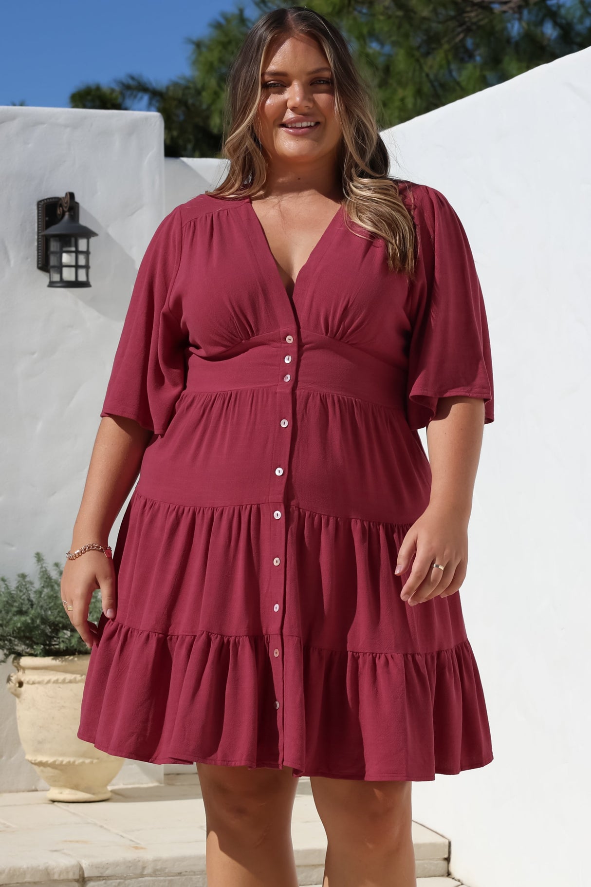 Sana Mini Dress - Bell Sleeve Button Down V Neck Dress in Berry