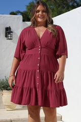 Sana Mini Dress - Bell Sleeve Button Down V Neck Dress in Berry