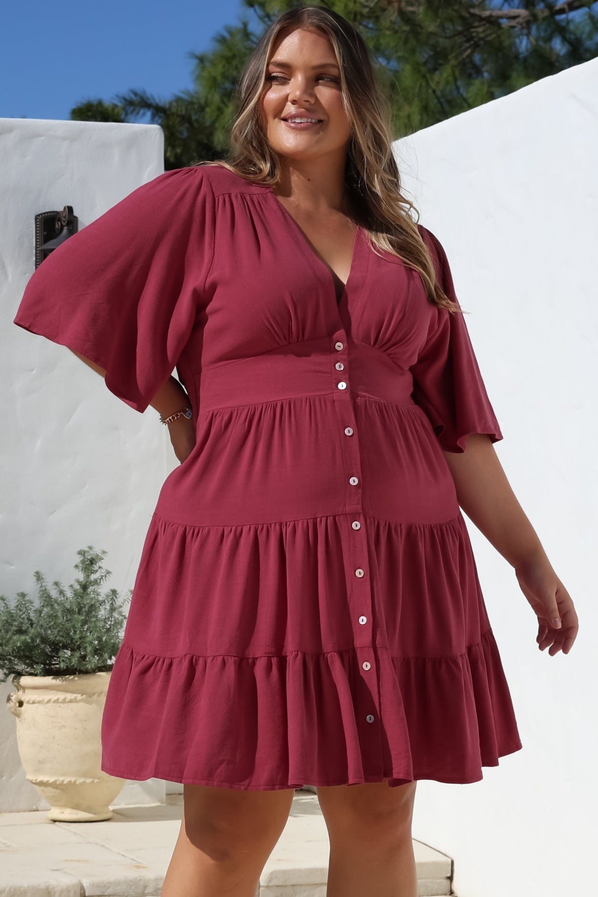 Sana Mini Dress - Bell Sleeve Button Down V Neck Dress in Berry