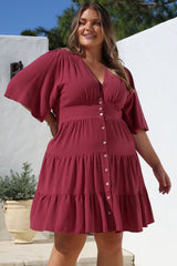 Sana Mini Dress - Bell Sleeve Button Down V Neck Dress in Berry