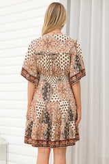 Sana Mini Dress - Bell Sleeve Button Down V Neck Dress in Boba Print