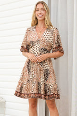 Sana Mini Dress - Bell Sleeve Button Down V Neck Dress in Boba Print
